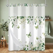 No Hook Eucalyptus Butterfly Shower Curtain with Snap in Liner, Green Leaf — custom printed polyester bath curtain