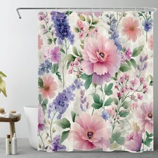Watercolor Botanical Pink Floral Cream Shower Curtain Set for Bathroom Decor — custom printed polyester bath curtain