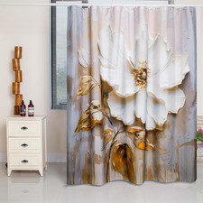 Elegant Floral Shower Curtain, Modern Minimalist White Flower and Gold Accents o — custom printed polyester bath curtain