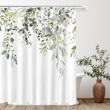 Tititex Green Eucalyptus Shower Curtain Sets, Watercolor Leaves on The Top Plant — custom printed polyester bath curtain