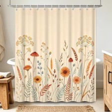Fall Retro Botanical Floral Shower Curtain with Hooks, 71Wx74L Wildflower-a — custom printed polyester bath curtain
