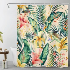 Green Tropical Plant Yellow Floral Beige Shower Curtain Set for Bathroom Decor — custom printed polyester bath curtain