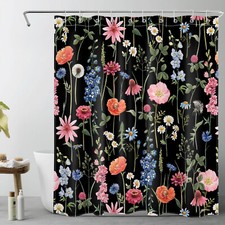 Spring Green Leaf Pink Wildflower Black Shower Curtain Bathroom Accessories Set — custom printed polyester bath curtain