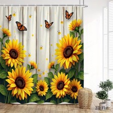 Sunflower Butterfly Rustic Board Waterproof Shower Curtain Bathroom Multiple Siz — custom printed polyester bath curtain