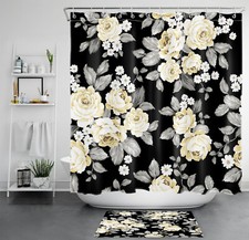 Botanical Grey Leaf Beige Floral Black Shower Curtain Bathroom Accessories Set — custom printed polyester bath curtain