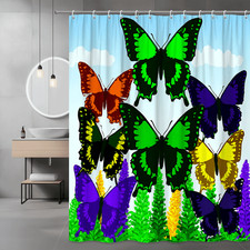 Colorful Butterfly Shower Curtain with Sky and Flowers — custom printed polyester bath curtain