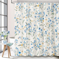 Blue Yellow Wildflowers Shower Curtain with 12 Hooks, 72x72 in — custom printed polyester bath curtain