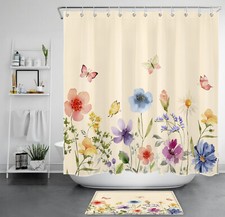 Beige Pink Butterfly Plant Blue Wildflower Shower Curtain Set for Bathroom Decor — custom printed polyester bath curtain
