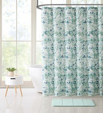 Bathroom Fabric Shower Curtain: Lush Nature Teal Blue Green White Leaf Patter... — custom printed polyester bath curtain