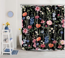 Spring Green Leaf Pink Wildflower Black Shower Curtain Bathroom Accessories Set — custom printed polyester bath curtain