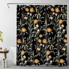 Rustic Green Leaf Orange Wildflower Black Shower Curtain Set for Bathroom Decor — custom printed polyester bath curtain