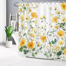 Spring Botanical Green Leaf Yellow Floral Shower Curtain Set for Bathroom Decor — custom printed polyester bath curtain