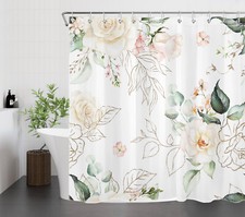 Sage Green Pink Rose Floral Eucalyptus Shower Curtain Set for Bathroom Decor — custom printed polyester bath curtain
