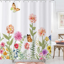 Spring Floral Shower Curtain, Colorful Watercolor Floral Wildflowers Butterflies — custom printed polyester bath curtain