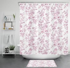 Chic Vintage Botanical Leaf Pink Floral Shower Curtain Set for Bathroom Decor — custom printed polyester bath curtain