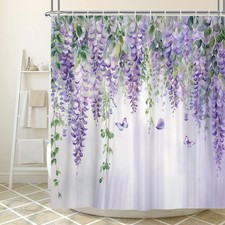 VEIGIKE Purple Lavender Floral Butterfly Shower Curtain, Spring Purple Lilac — custom printed polyester bath curtain