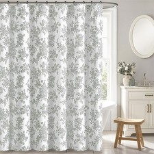 Extra Long Grey Floral Shower Curtain W72" X L84" - Premium Linen Texture — custom printed polyester bath curtain