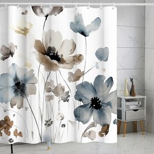 72x72 Inch Grey Blue Tan Floral Shower Curtain Watercolor Fabric 12 Hooks — custom printed polyester bath curtain