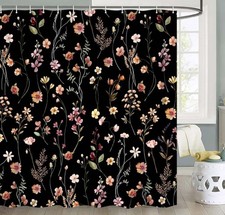Boho Rustic Floral Shower Curtain,Black Cottagecore Vintage Flower Botanical Sho — custom printed polyester bath curtain