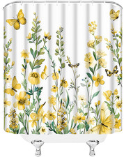 Floral Plant Shower Curtain Watercolor Flower Leaves Butterfly Cute Botanical Bo — custom printed polyester bath curtain