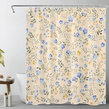 Country Blue and Yellow Wildflower Beige Shower Curtain Set for Bathroom Decor — custom printed polyester bath curtain