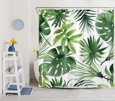 Nature Tropical Plant Green Palm Leaf Shower Curtain Bathroom Accessories Set — custom printed polyester bath curtain