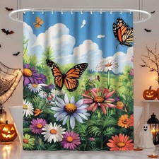 Waterproof Shower Curtain Monarch Butterfly Wildflower Pattern Bathroom Decor — custom printed polyester bath curtain