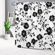Botanical Leaf Black and White Floral Shower Curtain Set for Bathroom Decor — custom printed polyester bath curtain