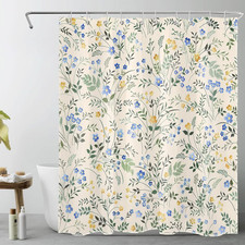 Country Wildflower Shower Curtain Decor,Blue and Yellow Floral Green Leaf Plant — custom printed polyester bath curtain