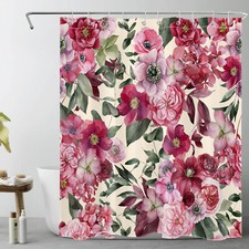 Watercolor Green Leaf Red Flower on Beige Shower Curtain Set for Bathroom Decor — custom printed polyester bath curtain