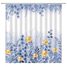 Blue Leaves Shower Curtain Yellow Floral Leaf Nature Plant Decor 70x70 Inch — custom printed polyester bath curtain