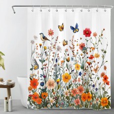 Funny Bird Green Leaf Orange Wildflower Shower Curtain Set for Bathroom Decor — custom printed polyester bath curtain