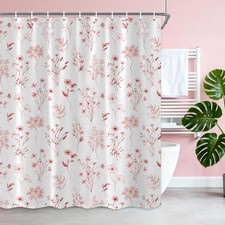 Pink Floral Shower Curtain, Boho Watercolor Flower Eucalyptus Botanical Showe... — custom printed polyester bath curtain