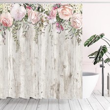 Pink Roses Flower Shower Curtain Set Blossoming Floral Rustic Wood 70x70 Inch — custom printed polyester bath curtain