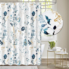 Blue Floral 140Gsm Faux Linen Shower Curtain, Watercolor Gold Leaves with Flower — custom printed polyester bath curtain