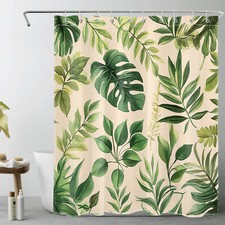 Western Tropical Plant Green Leaf on Beige Shower Curtain Set for Bathroom Decor — custom printed polyester bath curtain
