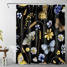Retro Yellow Butterfly Blue Daisy Black Shower Curtain Bathroom Accessories Set — custom printed polyester bath curtain