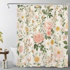 Green Leaf Pink Rose Yellow Wildflower Shower Curtain Set for Bathroom Decor — custom printed polyester bath curtain
