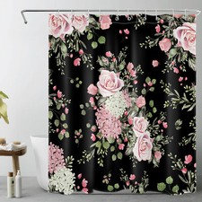 Country Style Green Leaf Pink Floral Black Shower Curtain Set for Bathroom Decor — custom printed polyester bath curtain