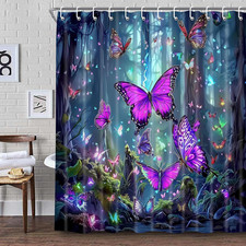 Extra Long 72" X 84" Purple Butterfly Shower Curtain, Waterproof Fabric Bathroom — custom printed polyester bath curtain