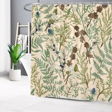 Rustic Vintage Green Leaf Botanical Beige Shower Curtain Set for Bathroom Decor — custom printed polyester bath curtain