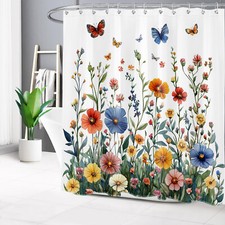 Farmhouse Colorful Butterfly and Flower Shower Curtain Bathroom Accessories Set — custom printed polyester bath curtain