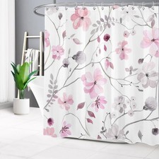 Rustic Botanical Pink and Grey Wildflower Shower Curtain Set for Bathroom Decor — custom printed polyester bath curtain