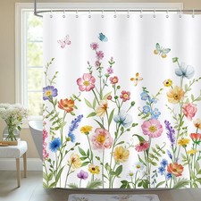 Spring Floral Shower Curtain, Waterolor Flowers Butterfly Plant Wildflower Ba... — custom printed polyester bath curtain