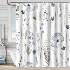 Blue Beige Floral Flower Fabric Shower Curtain Waterproof Hooks 72x72 Inch — custom printed polyester bath curtain