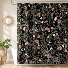 Vintage Floral Shower Curtain Boho Farmhouse 72"W x 72"L (Pack of 1) Black — custom printed polyester bath curtain