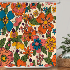 Retro Boho Floral Shower Curtain, Funky Hippy Cute Flowers Colorful Shower Curta — custom printed polyester bath curtain