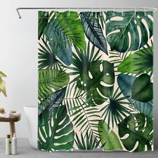 Botanical Tropical Green Leaf on Beige Shower Curtain Bathroom Accessories Set — custom printed polyester bath curtain
