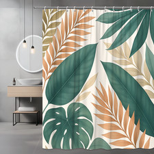 Boho Tropical Shower Curtain with Green Leaves and Floral Design — custom printed polyester bath curtain
