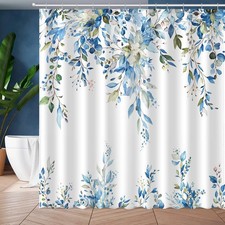 72x72 Inch Blue Green Eucalyptus Leaves Watercolor Floral Shower Curtain Set — custom printed polyester bath curtain